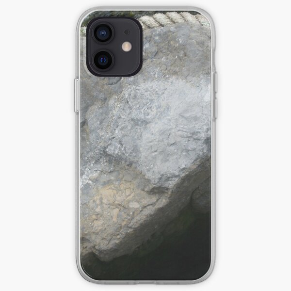 Large stone, boulder, thick rope, rope, lies, hangs, stone iPhone Soft Case