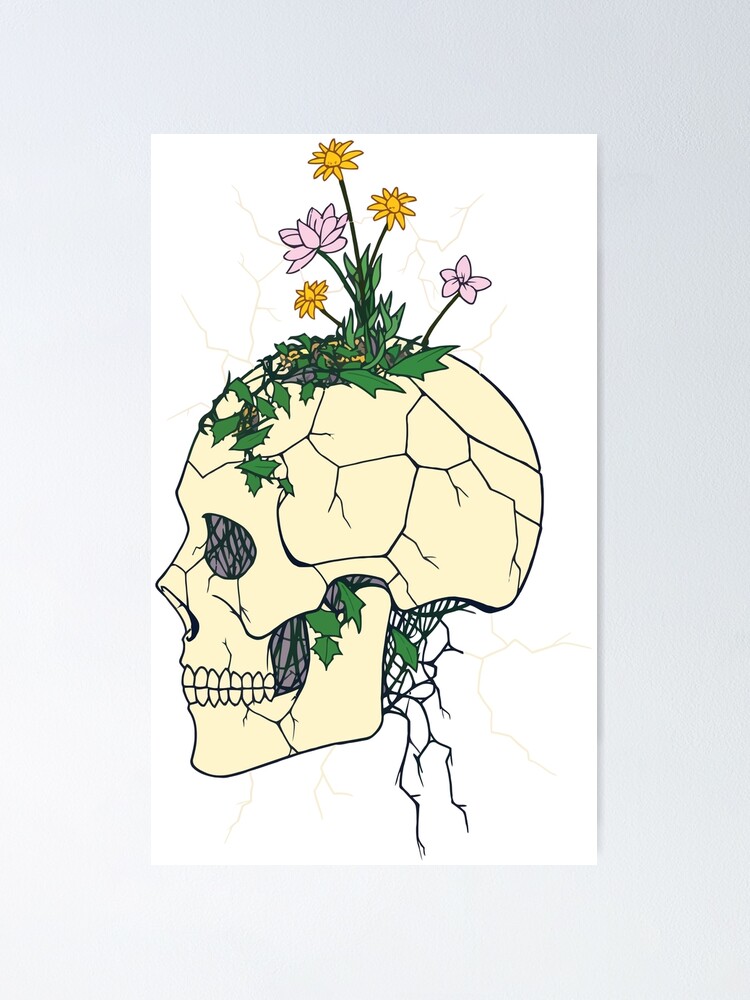 Simple drawing of a cracked skull with flowers growing
