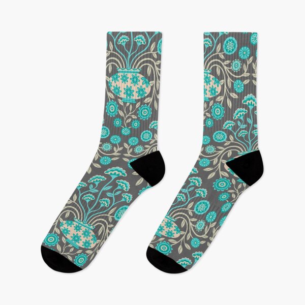 Item preview, DREAMY DAMASK Floral Botanical Damask with Cottagecore Flowers in Vases in Turquoise Teal Gray Cream - UnBlink Studio by Jackie Tahara designed and sold by Jackie Tahara of UnBlink Studio.