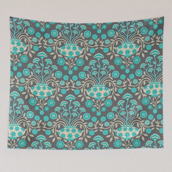 Item preview, DREAMY DAMASK Floral Botanical Damask with Cottagecore Flowers in Vases in Turquoise Teal Gray Cream - UnBlink Studio by Jackie Tahara designed and sold by Jackie Tahara of UnBlink Studio.