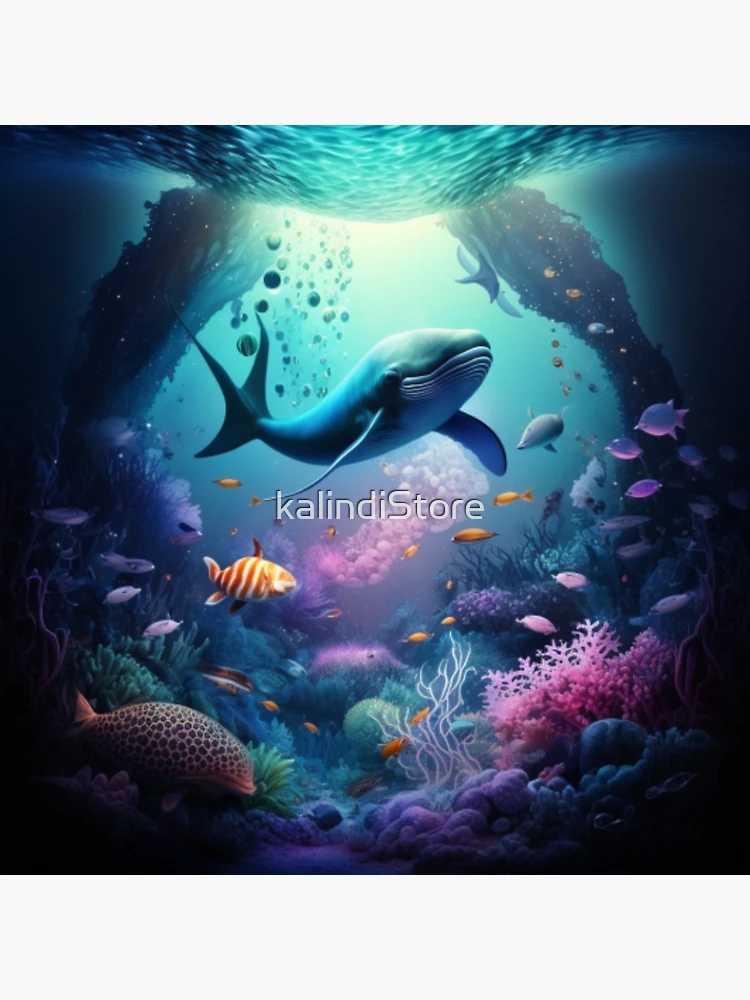 Under water ocean view with baby whale ,fishes , coral reefs Art