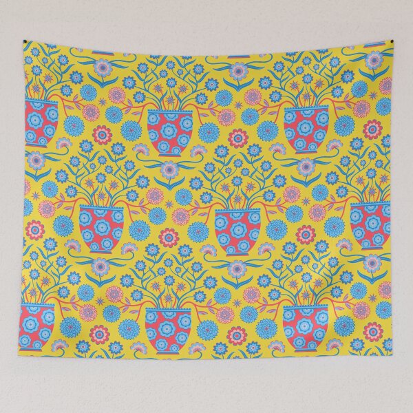 Item preview, JARDINIERE Floral Botanical Damask with Cottagecore Flowers in Vases in Icy Blues Red Sunshine Yellow Subtle Pink - UnBlink Studio by Jackie Tahara designed and sold by Jackie Tahara of UnBlink Studio.