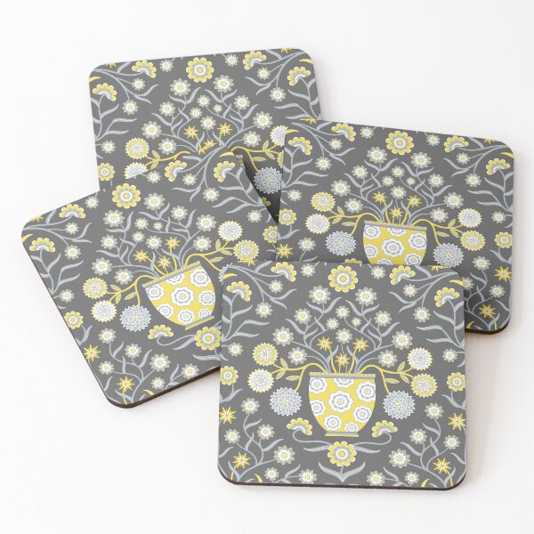 Item preview, JARDINIERE Floral Botanical Damask with Cottagecore Flowers in Vases in Yellow Gray White - UnBlink Studio by Jackie Tahara designed and sold by Jackie Tahara of UnBlink Studio.