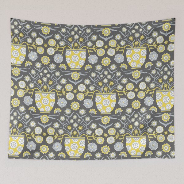 Item preview, JARDINIERE Floral Botanical Damask with Cottagecore Flowers in Vases in Yellow Gray White - UnBlink Studio by Jackie Tahara designed and sold by Jackie Tahara of UnBlink Studio.