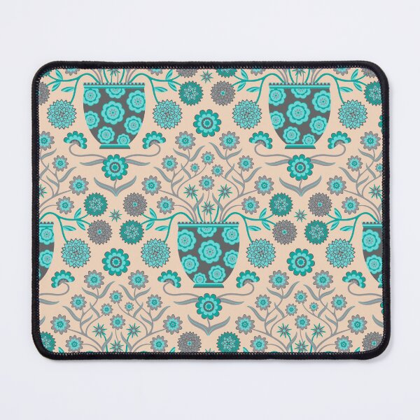 Item preview, JARDINIERE Floral Botanical Damask with Cottagecore Flowers in Vases in Turquoise Teal Gray Cream - UnBlink Studio by Jackie Tahara designed and sold by Jackie Tahara of UnBlink Studio.