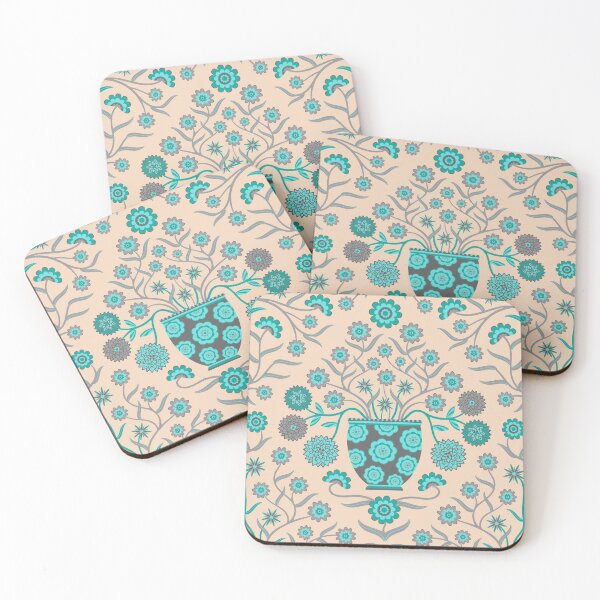 Item preview, JARDINIERE Floral Botanical Damask with Cottagecore Flowers in Vases in Turquoise Teal Gray Cream - UnBlink Studio by Jackie Tahara designed and sold by Jackie Tahara of UnBlink Studio.
