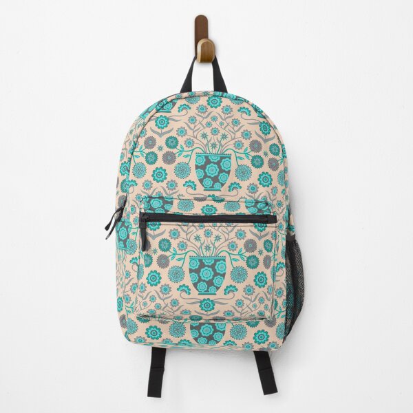 Item preview, JARDINIERE Floral Botanical Damask with Cottagecore Flowers in Vases in Turquoise Teal Gray Cream - UnBlink Studio by Jackie Tahara designed and sold by Jackie Tahara of UnBlink Studio.