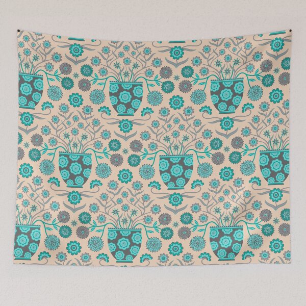 Item preview, JARDINIERE Floral Botanical Damask with Cottagecore Flowers in Vases in Turquoise Teal Gray Cream - UnBlink Studio by Jackie Tahara designed and sold by Jackie Tahara of UnBlink Studio.