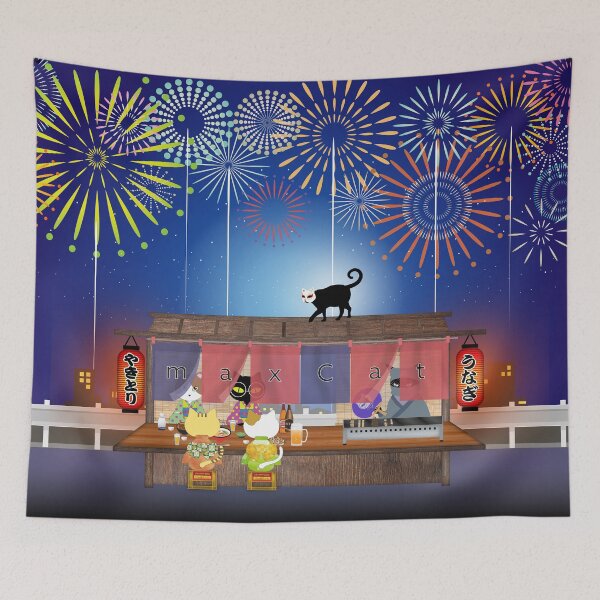 Artikelvorschau, Katzen genießen Feuerwerk an einem Yakitori- und Kabayaki-Stand entworfen und verkauft von edo-neko.