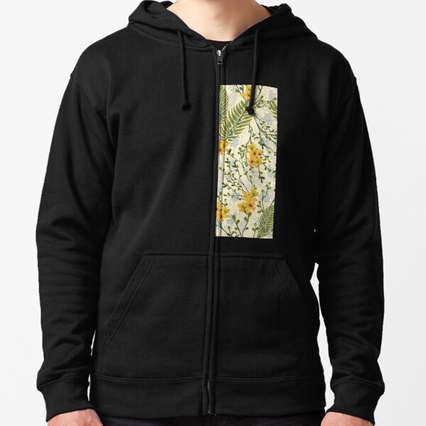 yellow and palm leaves botanical floral hand-painted watercolor with separate flower. Zipped Hoodie