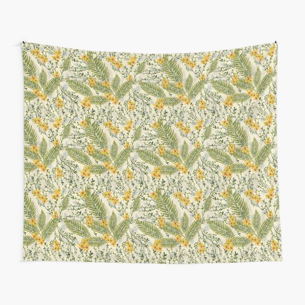 yellow and palm leaves botanical floral hand-painted watercolor with separate flower. Tapestry