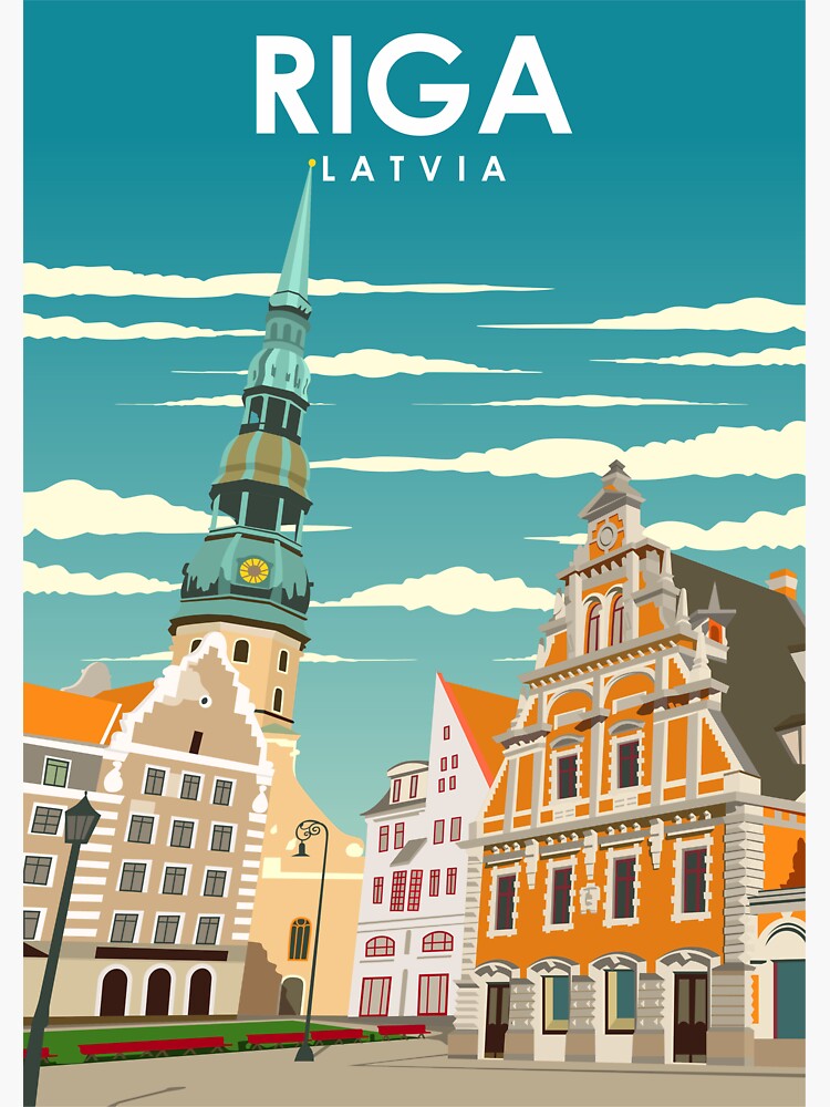 Thumbnail 3 of 3, Sticker, Riga Latvia Vintage Minimal Retro Travel Poster designed and sold by jornvanhezik.