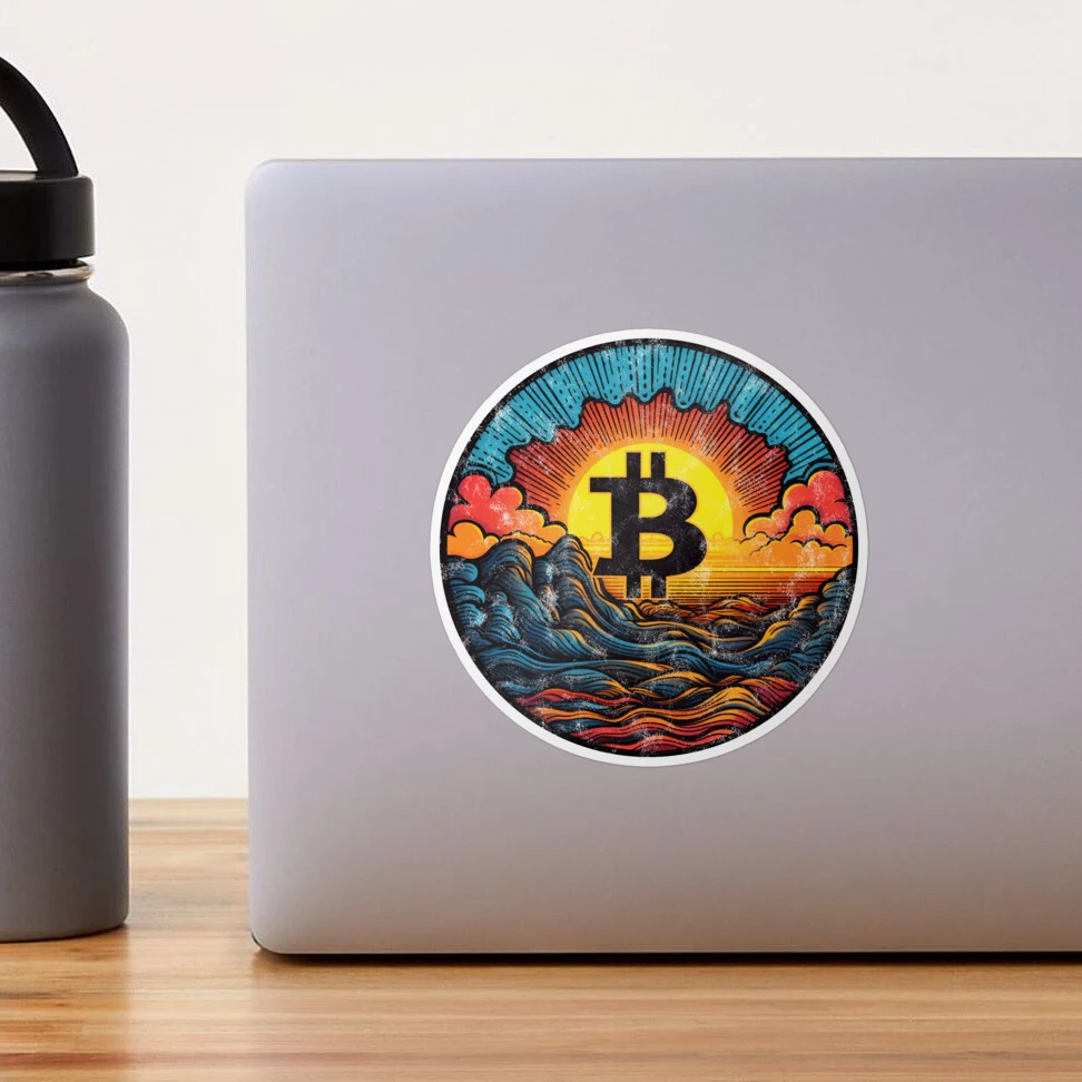 Bitcoin logo, symbol, sunrise, distressed, vacation, sun, clouds, ocean