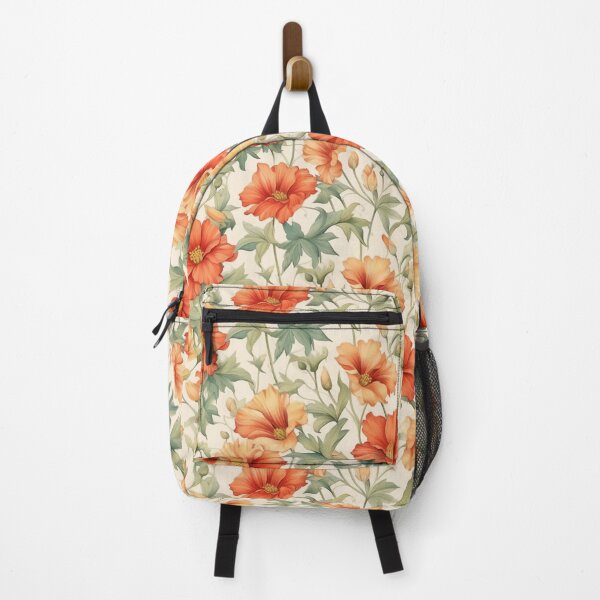 Orange and red flower pattern, on a beige background Backpack