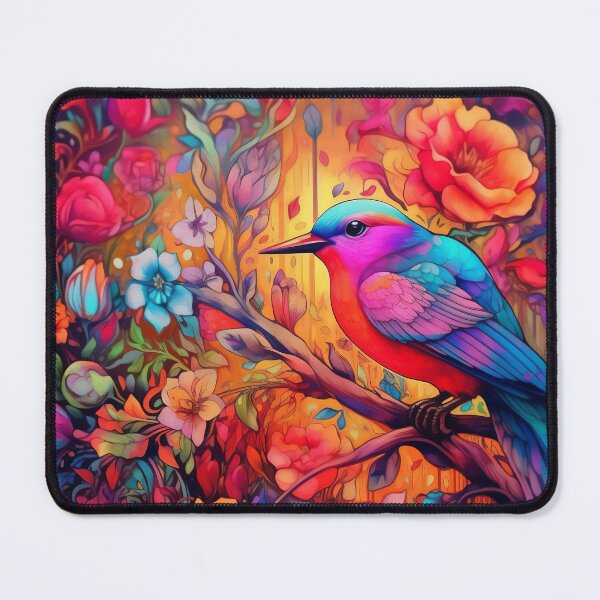 Item preview, Colorful tropical bird on a branch with psychedelic flowers - Vibrant and exotic decoration designed and sold by Arti_choke.