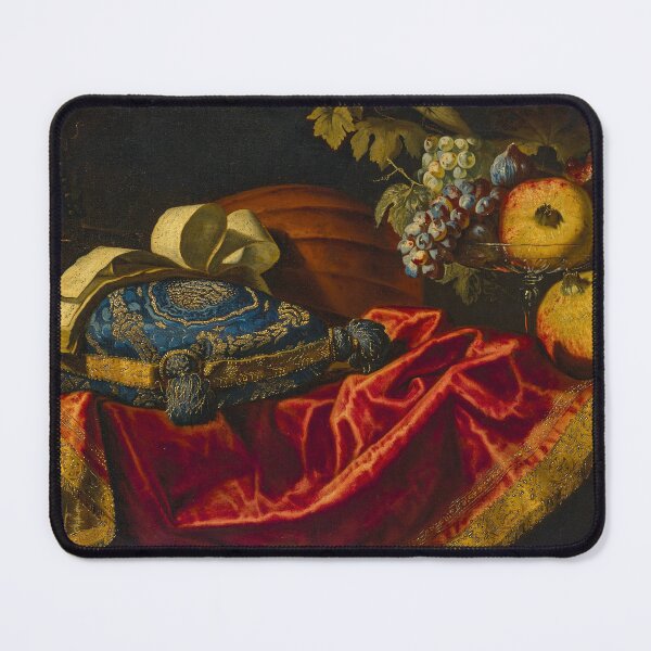 Item preview, A Mandolin with a Book of Music on a Blue and Gold Cushion, with Fruit on a Partially Draped Ledge | Francesco Fieravino | 17th Century Still Life Art designed and sold by CJET.