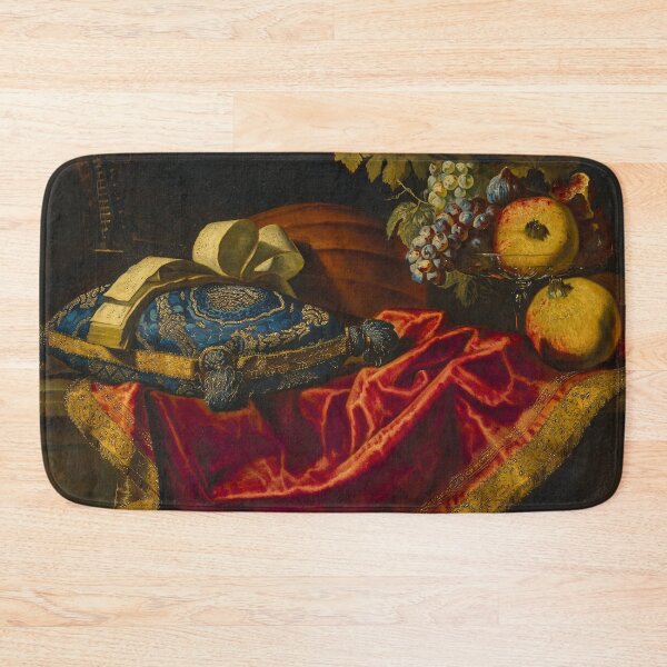 Item preview, A Mandolin with a Book of Music on a Blue and Gold Cushion, with Fruit on a Partially Draped Ledge | Francesco Fieravino | 17th Century Still Life Art designed and sold by CJET.