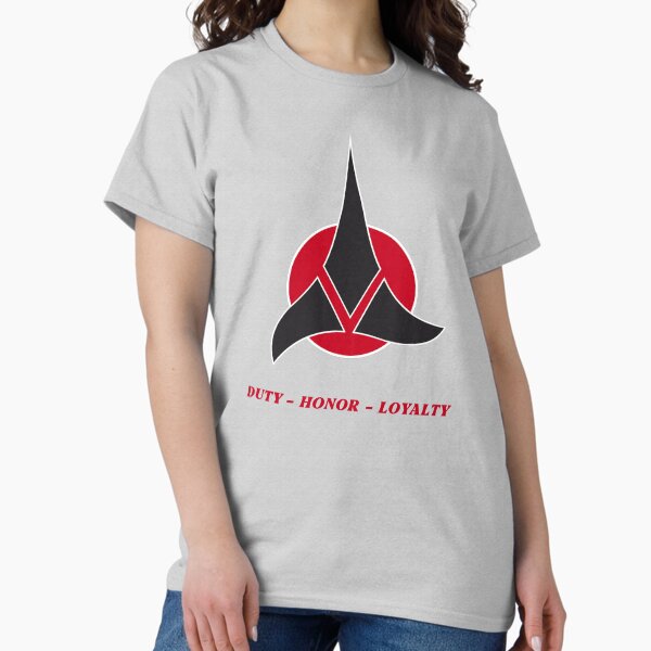 Vista previa del artículo con la obra «Star Trek: la serie original Duty Honor Loyalty Klingon Logo», diseñado y vendido por FifthSun.