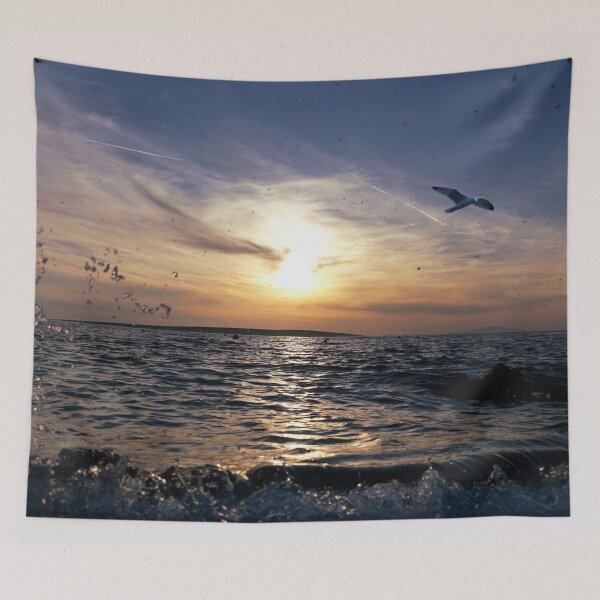 Item preview, Scenic sea sunset with seagull on the sky and splashing tidal waves designed and sold by ALEX PHOTO DREAMS.