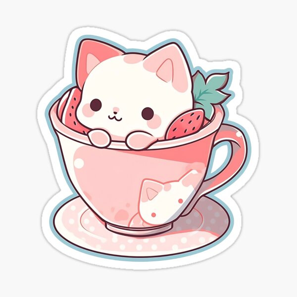 Cute Kawaii Cat in Anime Style in a Glass of Strawberry Cocktail