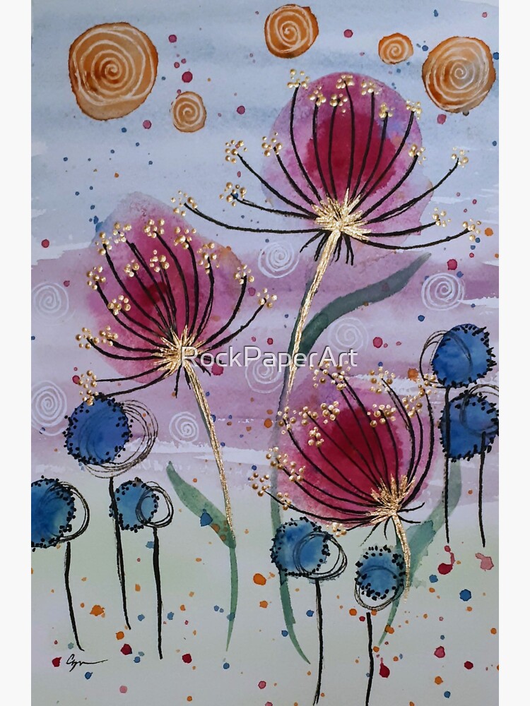 Pegatina for Sale con la obra «Flores abstractas en acuarelas y pinturas  metalizadas.» de RockPaperArt