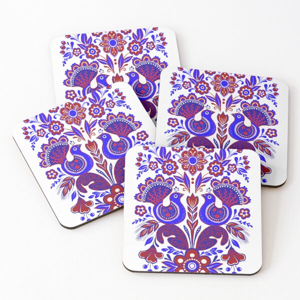 Item preview, Red and blue folk birds and flowers designed and sold by Hennagirl.