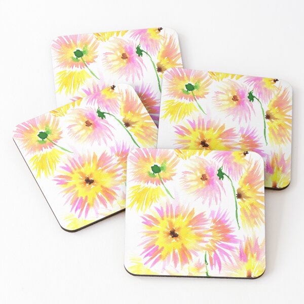 Item preview, Spider dahlias, pink and yellow dahlia watercolor painting designed and sold by AnissaF.