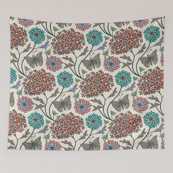 Item preview, MODERN CHINTZ Garden Floral Botanical with Butterflies Red Teal Pink Turquoise Black Gray - UnBlink Studio by Jackie Tahara designed and sold by Jackie Tahara of UnBlink Studio.