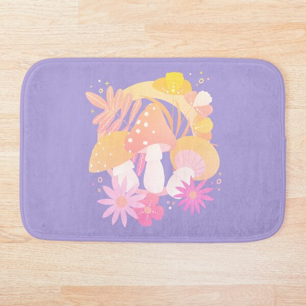 Item preview, Pink and yellow Magic mushrooms and flowers on a purple background designed and sold by Home Cyn Home.
