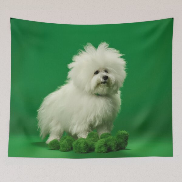 Item preview, Curly white dog on clump of moss. designed and sold by DigitalArties.