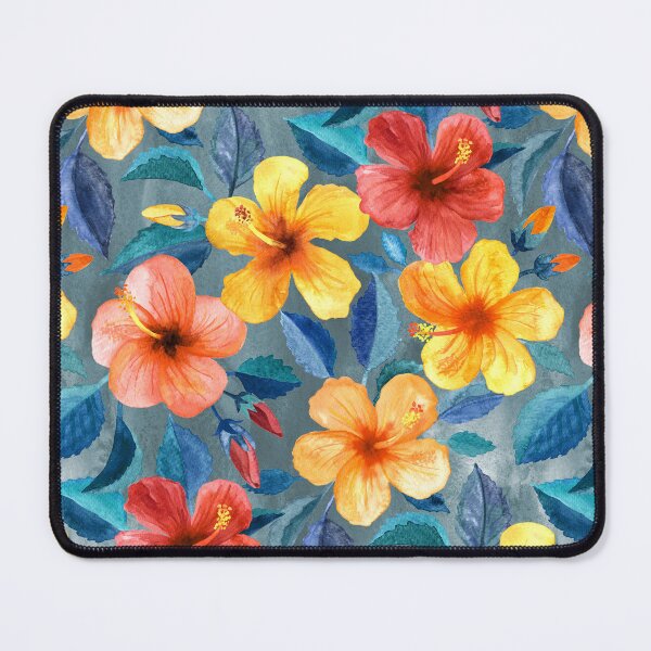 Item preview, Colorful Watercolor Hibiscus on Grey Blue designed and sold by micklyn.