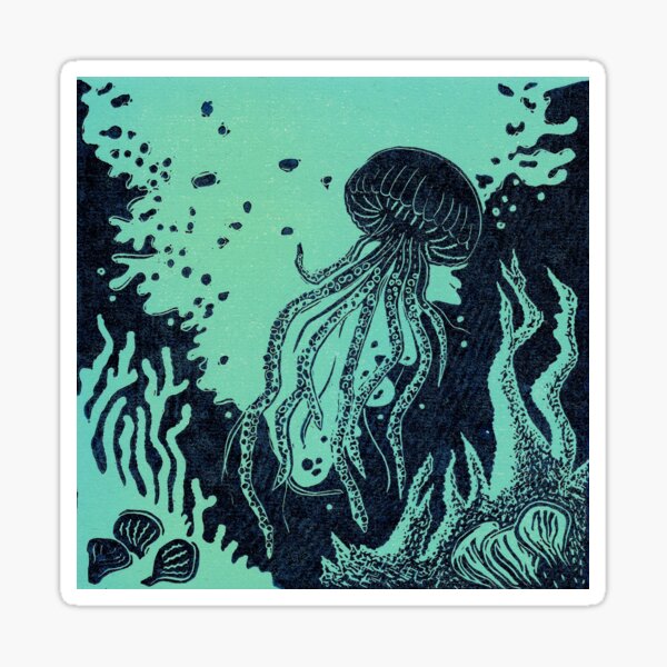 Jellyfish Underwater Linocut In Blue And Green Sticker For Sale By Maddybennettart Redbubble