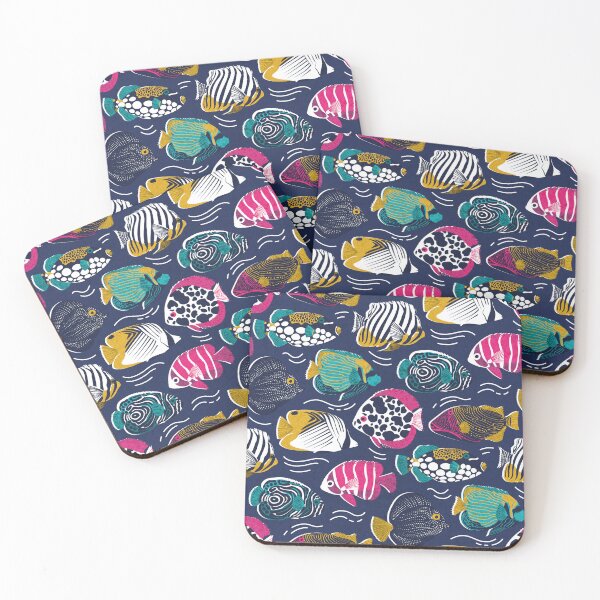 Item preview, Fin-tastic fishes // oxford navy blue background fuchsia pink red yellow and teal quirky patterned angelfishes and other fishes  designed and sold by SelmaCardoso.