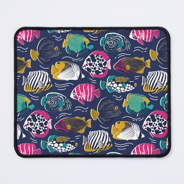 Item preview, Fin-tastic fishes // oxford navy blue background fuchsia pink red yellow and teal quirky patterned angelfishes and other fishes  designed and sold by SelmaCardoso.