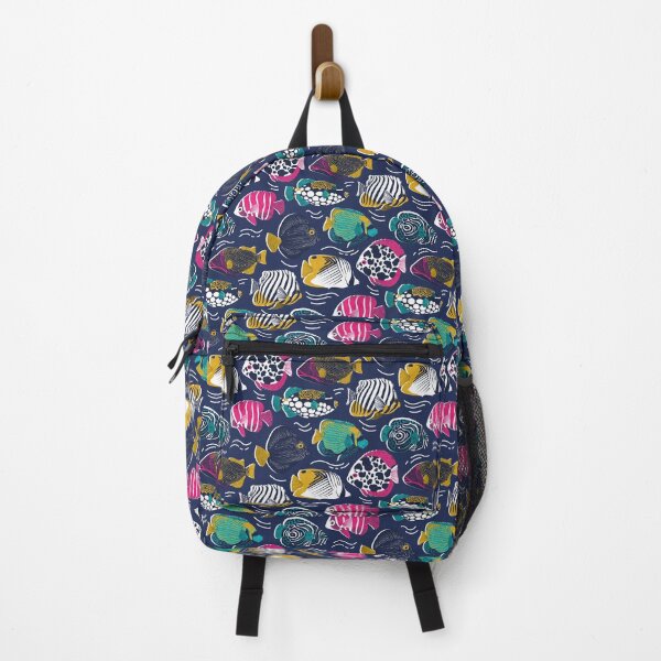Item preview, Fin-tastic fishes // oxford navy blue background fuchsia pink red yellow and teal quirky patterned angelfishes and other fishes designed and sold by SelmaCardoso.