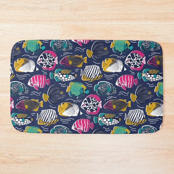 Item preview, Fin-tastic fishes // oxford navy blue background fuchsia pink red yellow and teal quirky patterned angelfishes and other fishes  designed and sold by SelmaCardoso.
