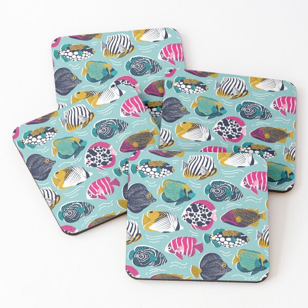 Item preview, Fin-tastic fishes // mint textured background fuchsia pink red yellow and teal quirky patterned angelfishes and other fishes  designed and sold by SelmaCardoso.