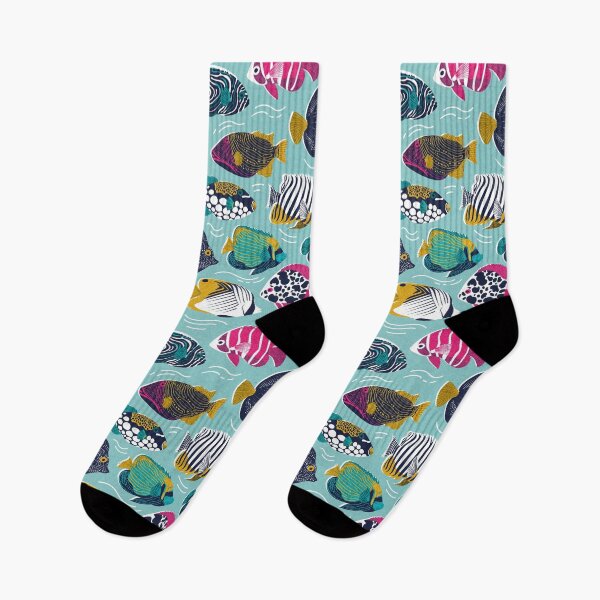 Item preview, Fin-tastic fishes // mint textured background fuchsia pink red yellow and teal quirky patterned angelfishes and other fishes  designed and sold by SelmaCardoso.