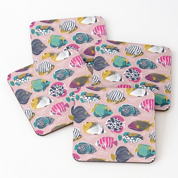 Item preview, Fin-tastic fishes // pale chestnut pink background fuchsia pink red yellow and teal quirky patterned angelfishes and other fishes  designed and sold by SelmaCardoso.