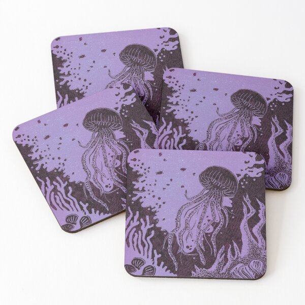Item preview, Jellyfish Underwater Linocut in purple designed and sold by Maddy Bennett.