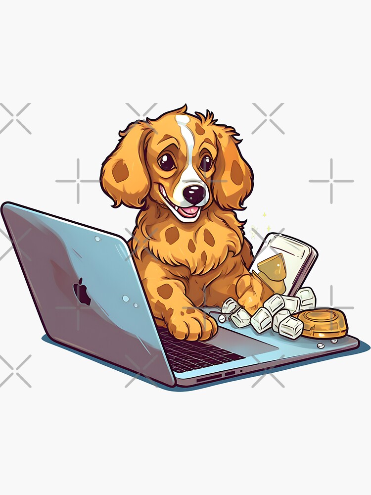 Sticker for Sale mit Cartoon-Hund mit RPG-Würfeln in den Pfoten
