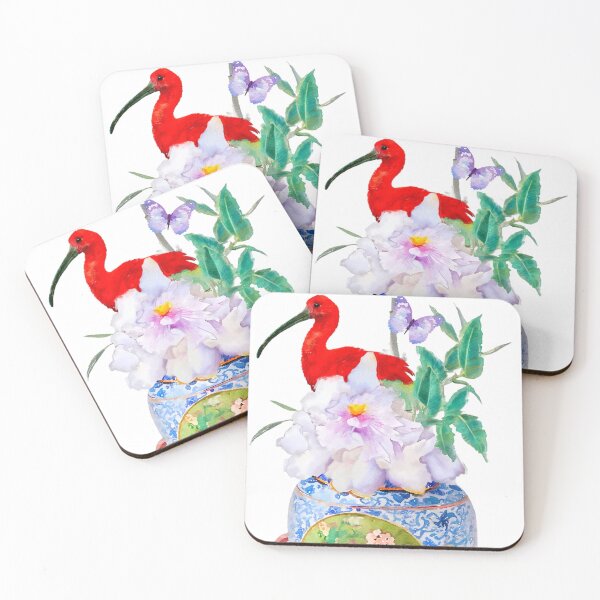 Item preview, Red ibis and chinoiserie jar designed and sold by SophieClimaArt.