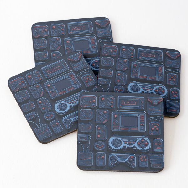 Item preview, a pixelart representation of a classic game console with iconic controllers and game cartridges, set against a retro-themed background featuring nostalgic 80s patterns and neon accents designed and sold by Art Store Stickers.