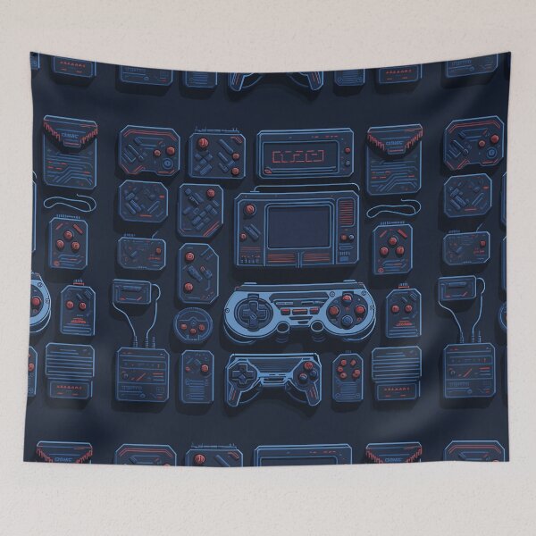 Item preview, a pixelart representation of a classic game console with iconic controllers and game cartridges, set against a retro-themed background featuring nostalgic 80s patterns and neon accents designed and sold by Art Store Stickers.