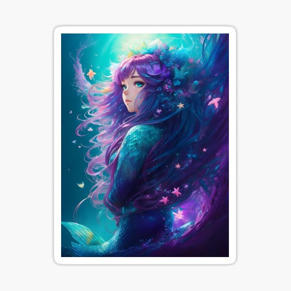 Fantasy original raster illustration of a cute and beautiful anime mermaid  with long curly white hair and fish in her hands Stock Illustration | Adobe  Stock