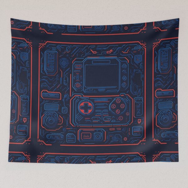 Item preview, a pixelart representation of a classic game console with iconic controllers and game cartridges, set against a retro-themed background featuring nostalgic 80s patterns and neon accents designed and sold by Art Store Stickers.