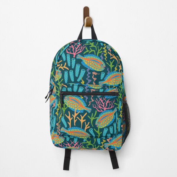 Item preview, TROPICAL ZONE Coral Reef Fish Undersea Ocean Sea Creatures in Bright Multi-Colours on Dark Teal Blue - UnBlink Studio by Jackie Tahara designed and sold by Jackie Tahara of UnBlink Studio.