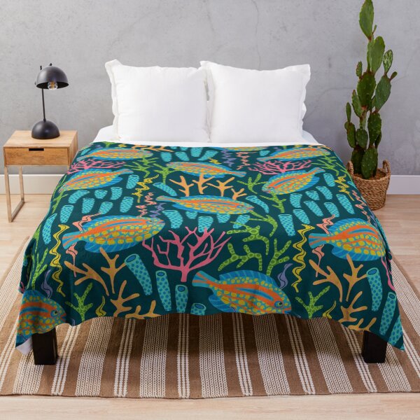 Item preview, TROPICAL ZONE Coral Reef Fish Undersea Ocean Sea Creatures in Bright Multi-Colours on Dark Teal Blue - UnBlink Studio by Jackie Tahara designed and sold by Jackie Tahara of UnBlink Studio.
