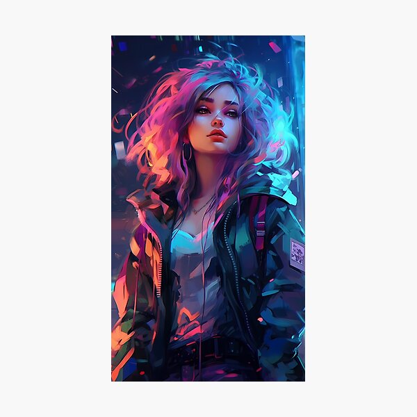 Beautiful girl,lost in the big city,neon colors Photographic Print