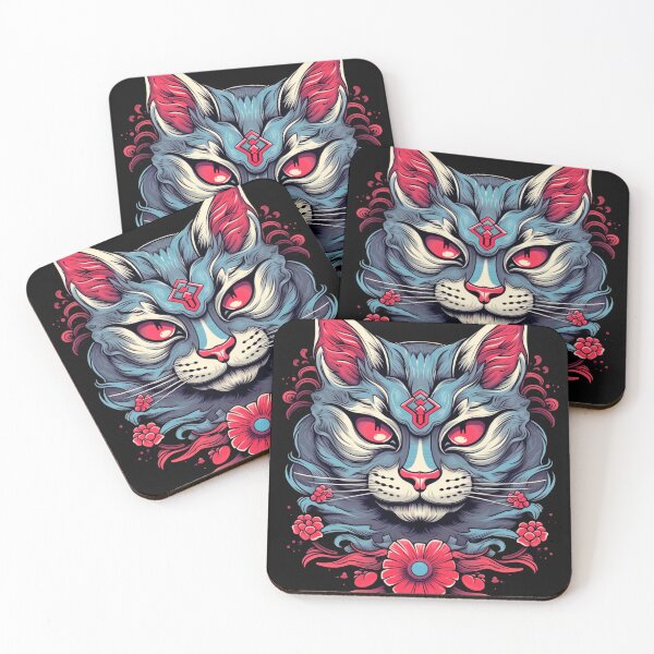Item preview, Tattoo of a cat with red, pink and blue ukiyo-e patterns, monochrome canvases, Han Dynasty, Tongan art. designed and sold by Kiyomi  Mizushima.